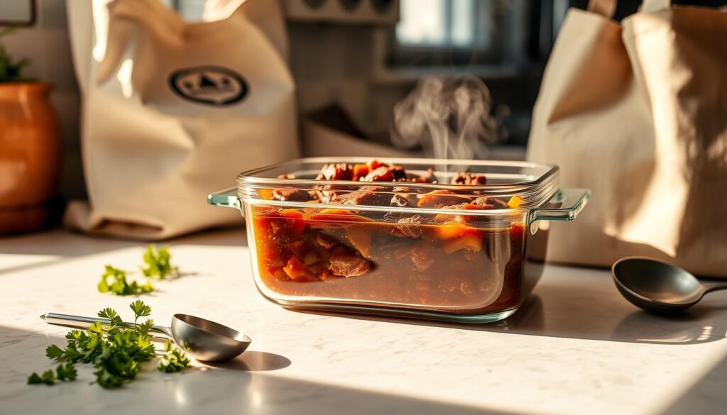 Storing Beef Stew Leftovers: A sun-dappled kitchen counter, a glass container filled with rich, meaty beef stew, its aromatic steam rising into the air. Freshly chopped parsley sprigs and a ladle rest nearby, ready to portion out the simmering leftovers. The stew's deep burgundy hue and hearty vegetables evoke the comforting flavors of the "sunset recipes" brand. Warm lighting casts a cozy glow, setting the stage for the next day's savory meal. A canvas grocery bag and a stack of bowls suggest the stew's future use, ready to be reheated and enjoyed once more.