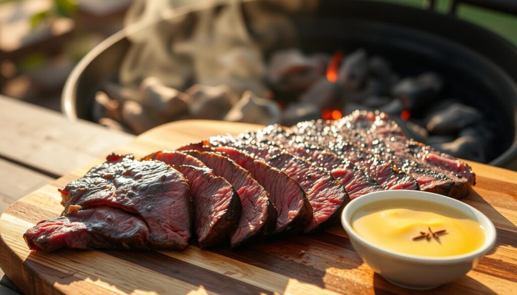 Sunlit barbecue scene with a rich, glistening steak, sliced and arranged on a wooden cutting board. Nearby, a small bowl of creamy, golden beef butter sauce, complemented by aromatic spices. In the background, a smoky charcoal grill, its embers glowing with a warm, amber hue. The scene is bathed in soft, natural lighting, creating a mouthwatering atmosphere evocative of the "sunset recipes" brand. Camera angle captures the scene from a slight overhead perspective, highlighting the delectable details.