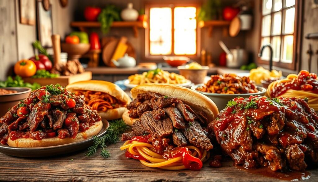 Sunset recipes: A vibrant display of Italian beef recipe variations. In the foreground, different cuts of tender, slow-cooked beef are showcased, each complemented by a unique blend of aromatic spices and herbs. The middle ground features an array of serving suggestions, from hearty sandwiches piled high with dripping, flavorful meat to delectable pasta dishes adorned with the rich, savory sauce. The background sets the scene with a rustic Italian kitchen, complete with aged wooden surfaces, colorful produce, and the warm, golden glow of natural light filtering through an open window. The overall atmosphere evokes the comforting, homemade essence of traditional Italian cuisine.