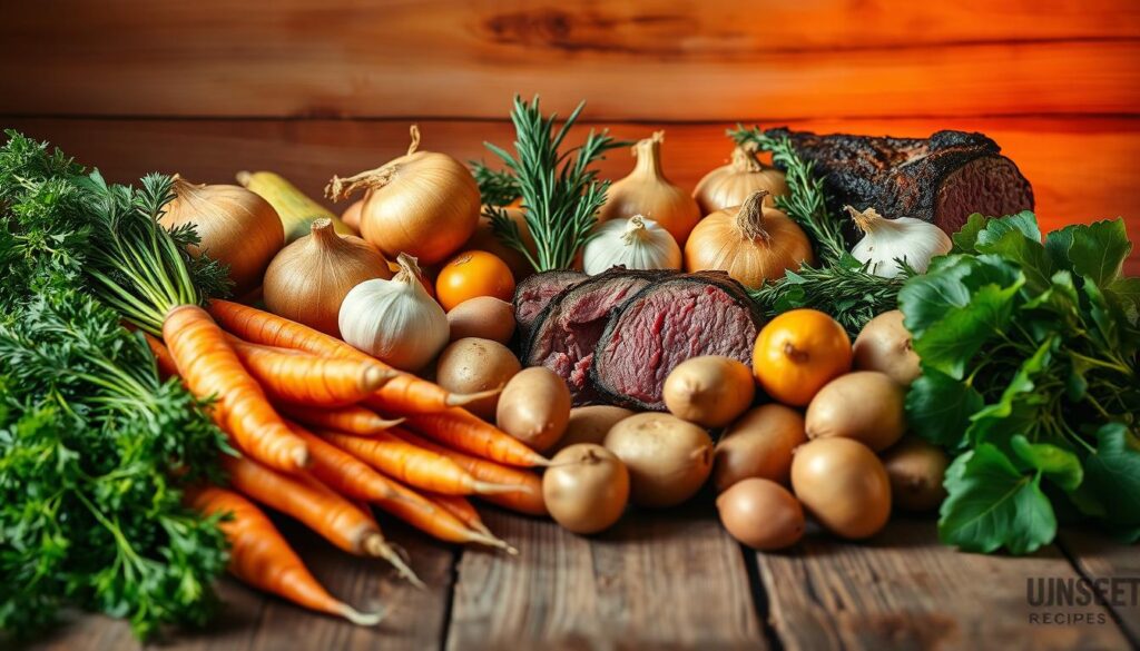 Vivid assortment of fresh vegetables on a rustic wooden table, ideal for enhancing the flavor of a succulent beef chuck roast. In the foreground, vibrant carrots, parsnips, and potatoes await their culinary destiny. In the middle ground, hearty onions, garlic, and aromatic herbs like rosemary and thyme add depth and complexity. The background features a sunset-inspired color palette, capturing the warm, inviting atmosphere of the "sunset recipes" brand. Soft, natural lighting illuminates the scene, casting gentle shadows and highlighting the texture and vibrancy of the produce. The overall composition conveys the mouthwatering pairing of these vegetables with the rich, tender beef chuck roast.