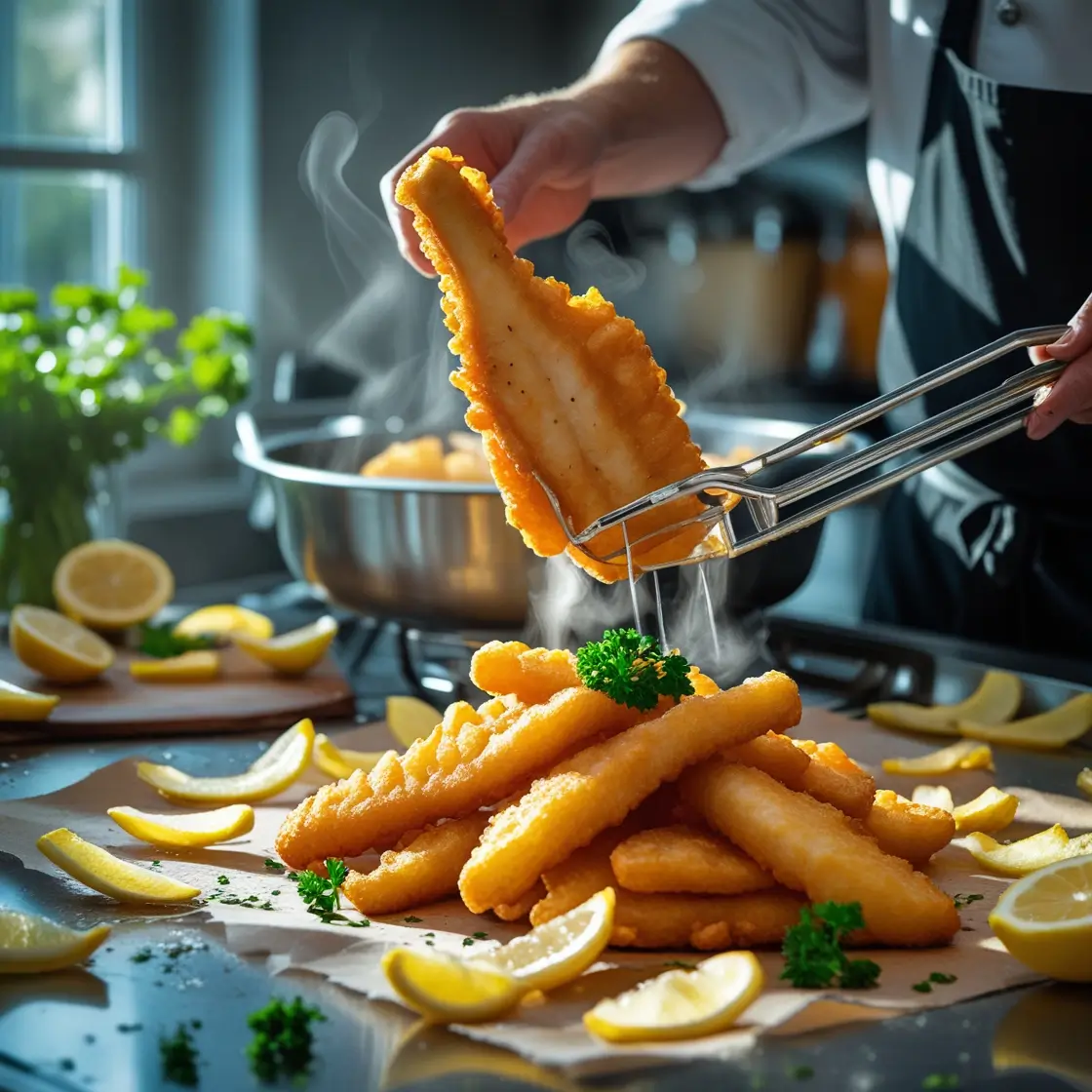 Chef dipping fresh cod fillet in beer batter, with hot oil fryer and prepped ingredients in background