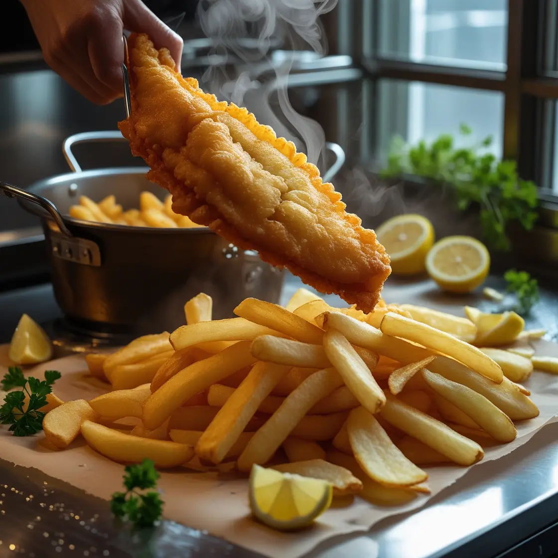 Upscale fish and chips plated on black slate with microgreens, homemade tartar sauce, and grilled lemon