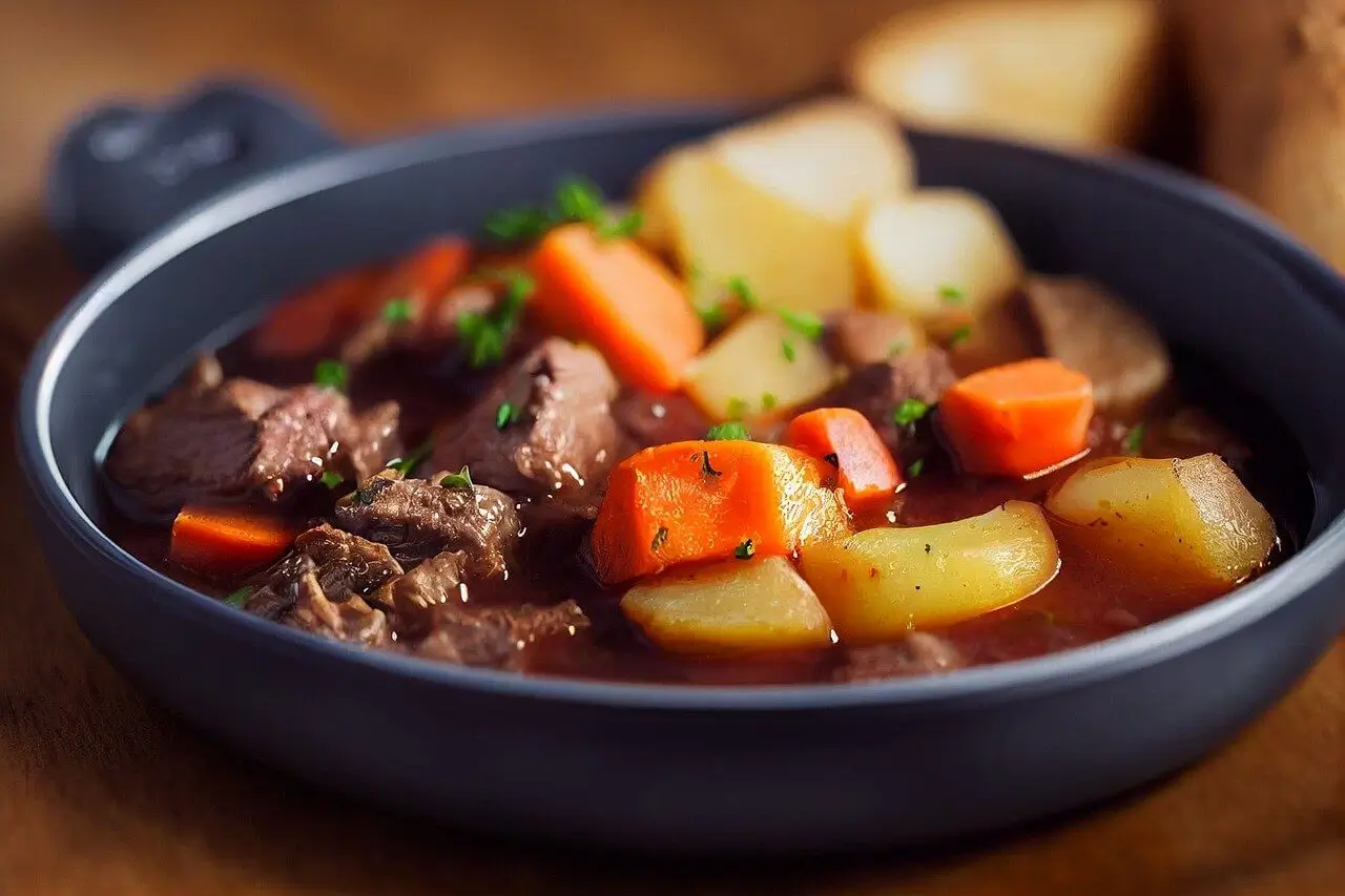 "Slow cooker beef heart stew with vegetables, garnished and ready to serve."