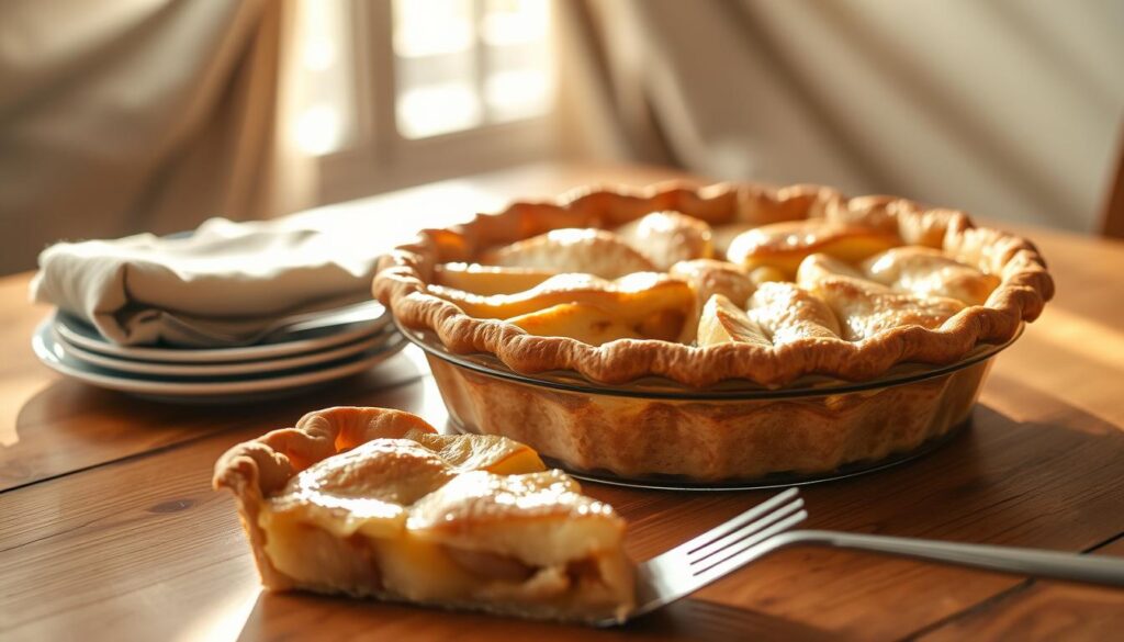 Prompt A classic sunset recipes apple pie, fresh from the oven, resting on a wooden table. The golden brown crust glistens, revealing a mouthwatering filling of tender, caramelized apple slices. Beams of warm, natural light pour in, casting a cozy, inviting glow. The pie's aroma fills the air, enticing the senses. In the foreground, a fork and a slice of the pie await, ready to be savored. The composition is balanced, with the pie positioned prominently in the center, surrounded by simple, rustic accents that complement the homemade charm. This image perfectly captures the essence of assembling a delicious sunset recipes apple pie at home.